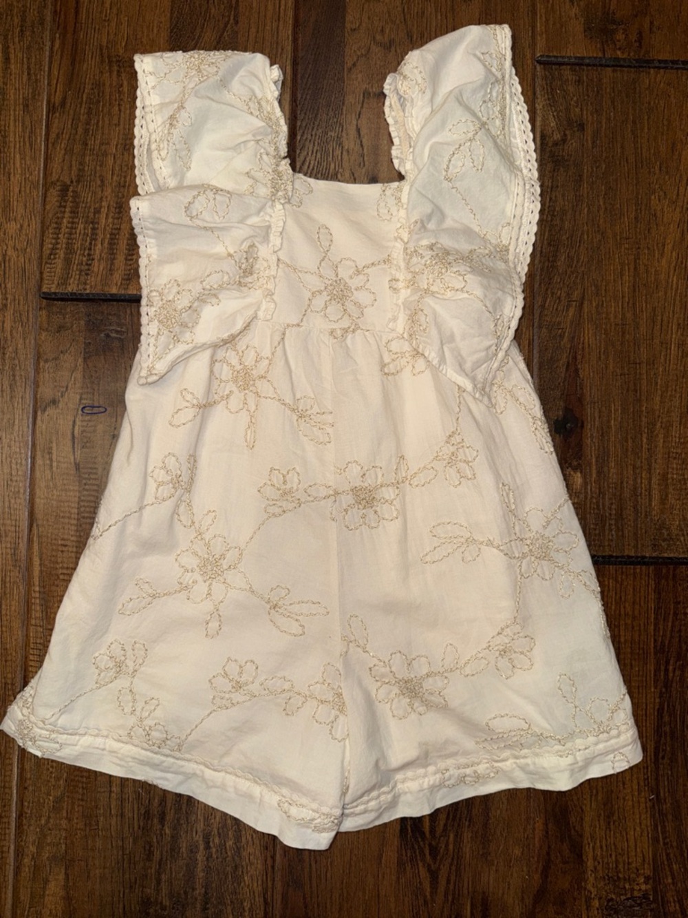 Zara Ivory Floral + Gold Embroidered Ruffle Romper. Girls Size 6. EUC.